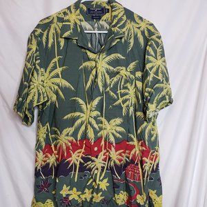 Vintage Polo Sport Hawaiian Shirt Rayon Large Palm Trees Green